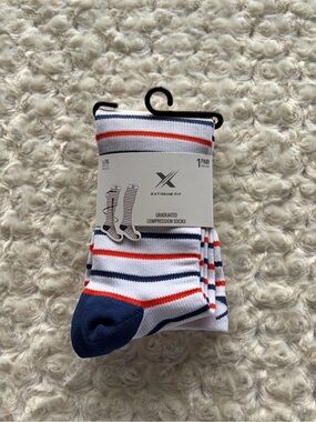New L/XL White Navy Blue & Orange Stripe Compression Socks Extreme Fit